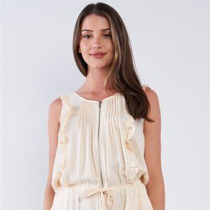 Ivory Pleated Ruffle Hem Front Zipper Romper